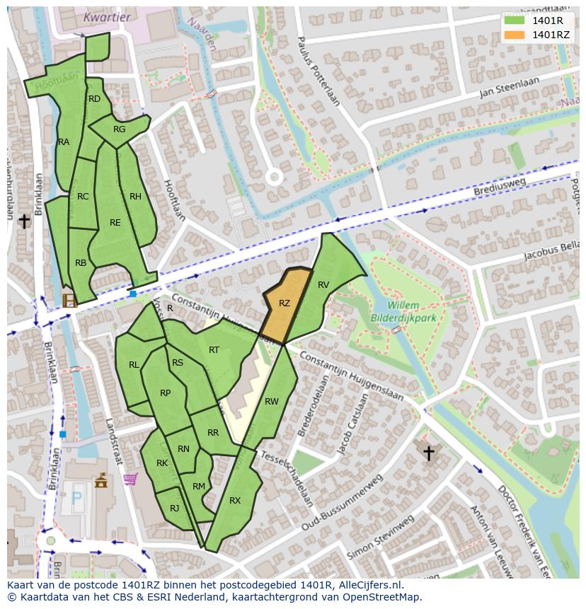 Afbeelding van het postcodegebied 1401 RZ op de kaart.