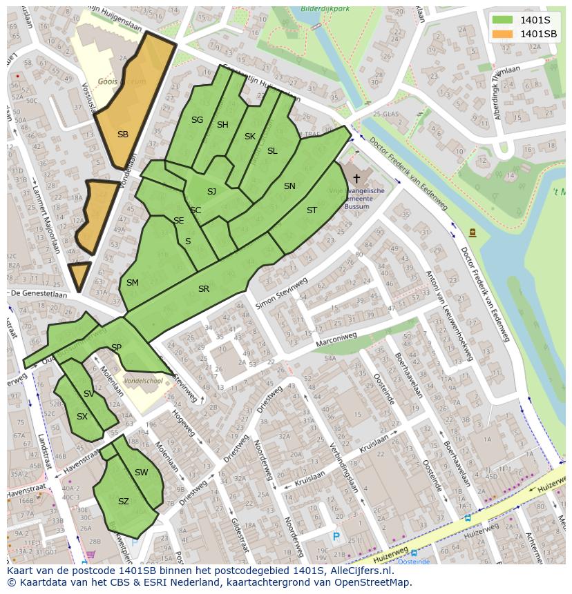 Afbeelding van het postcodegebied 1401 SB op de kaart.