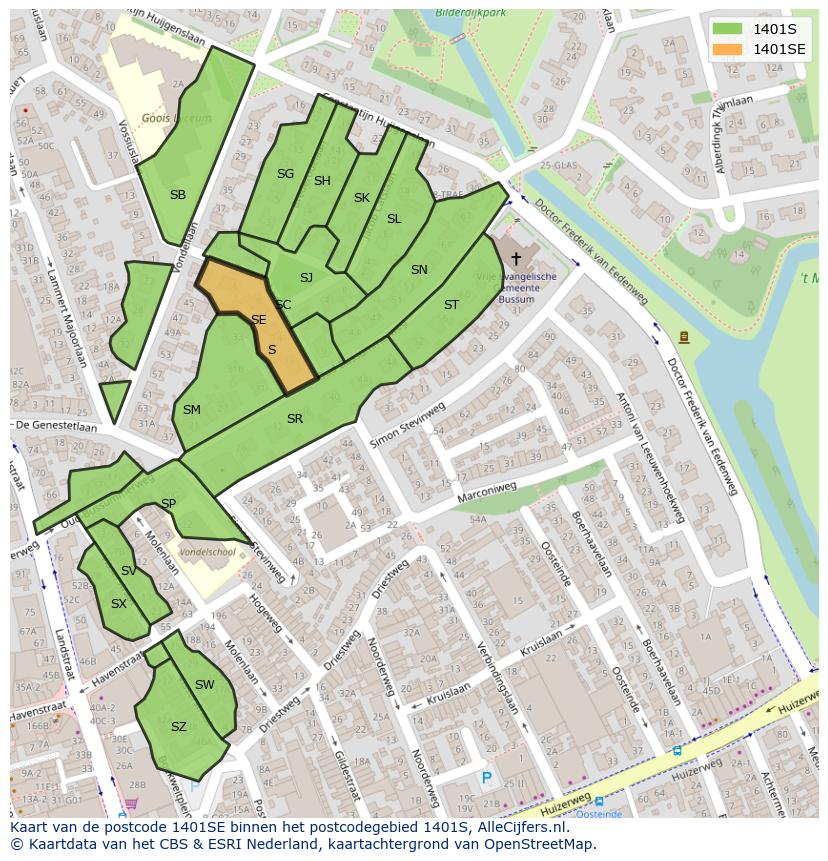 Afbeelding van het postcodegebied 1401 SE op de kaart.
