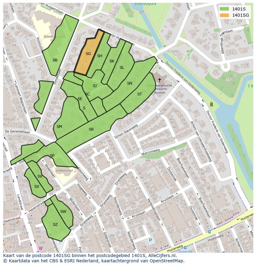 Afbeelding van het postcodegebied 1401 SG op de kaart.