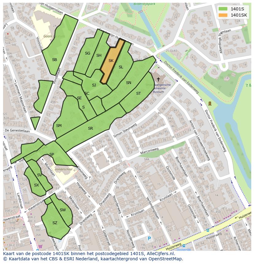 Afbeelding van het postcodegebied 1401 SK op de kaart.
