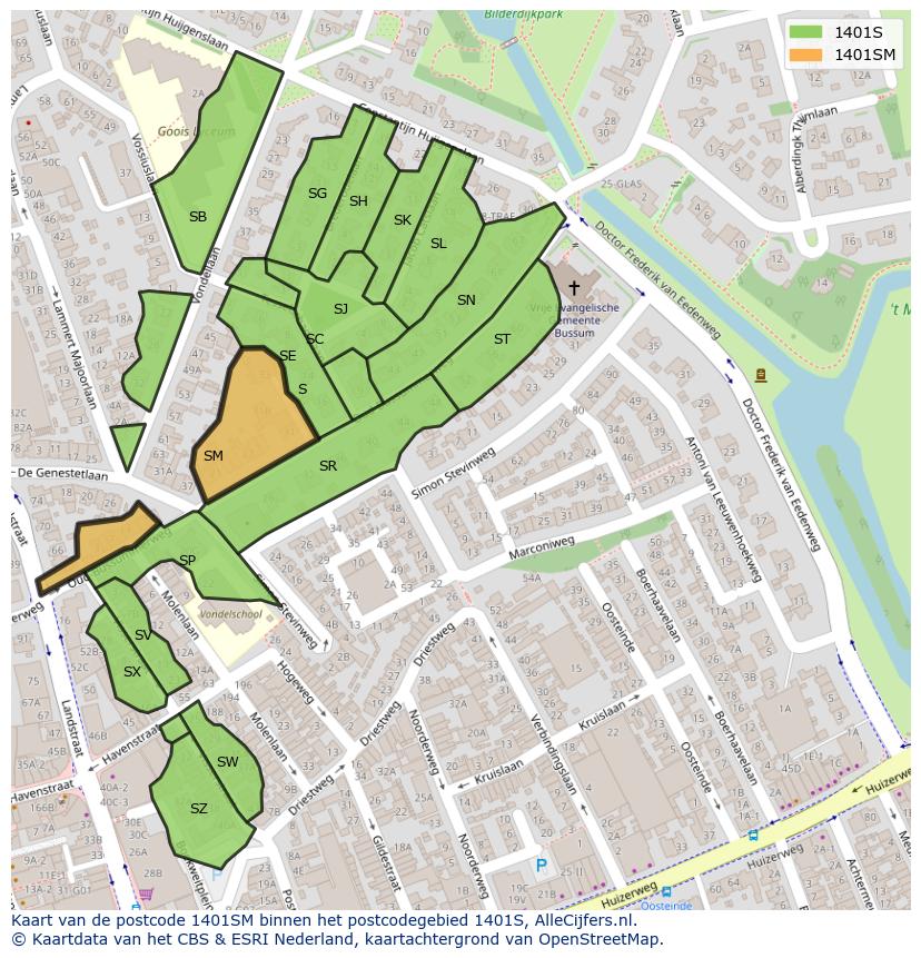 Afbeelding van het postcodegebied 1401 SM op de kaart.