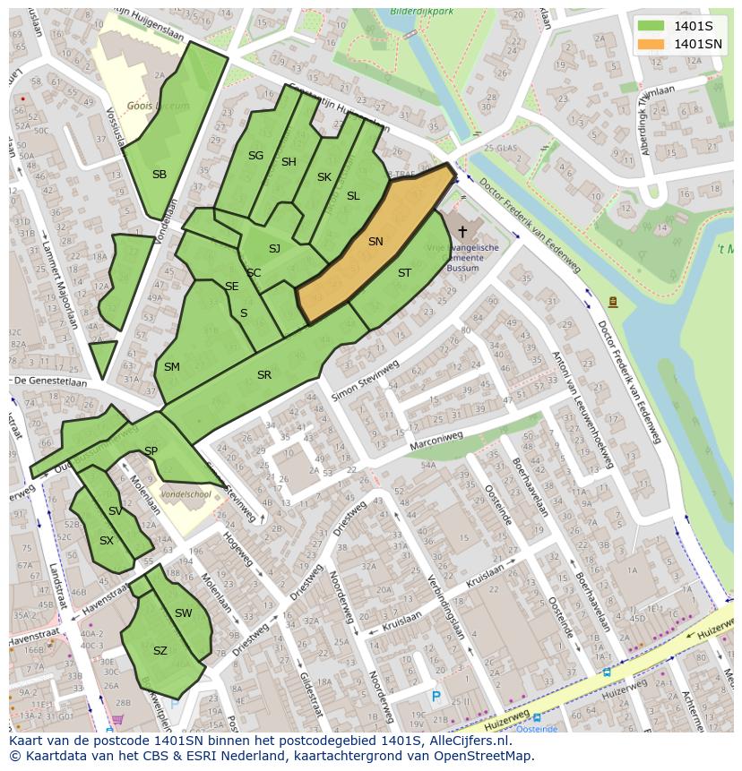 Afbeelding van het postcodegebied 1401 SN op de kaart.