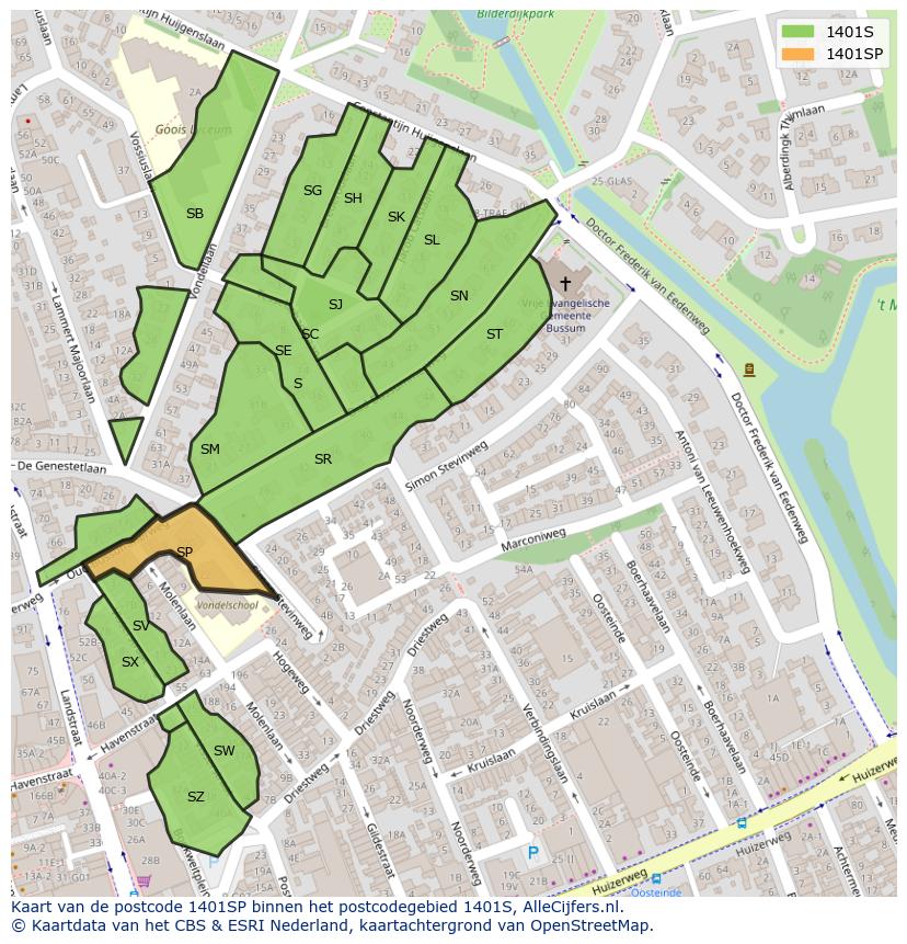Afbeelding van het postcodegebied 1401 SP op de kaart.