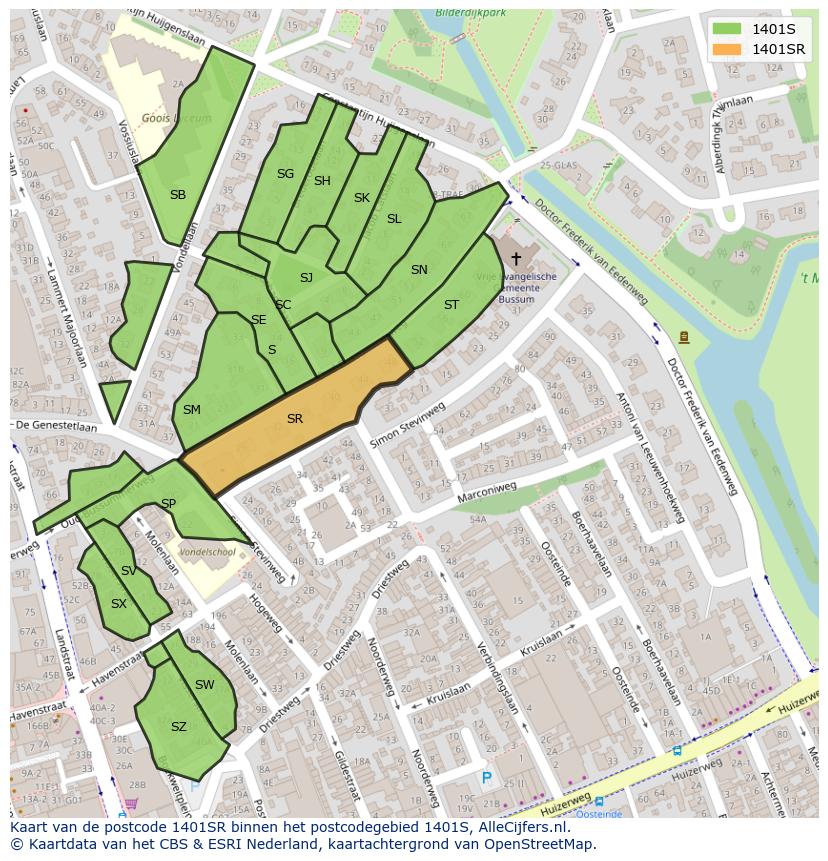 Afbeelding van het postcodegebied 1401 SR op de kaart.