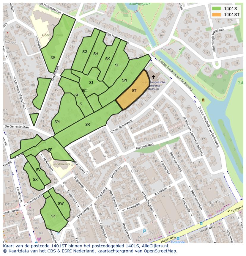 Afbeelding van het postcodegebied 1401 ST op de kaart.