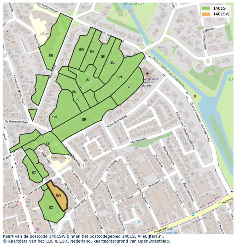 Afbeelding van het postcodegebied 1401 SW op de kaart.