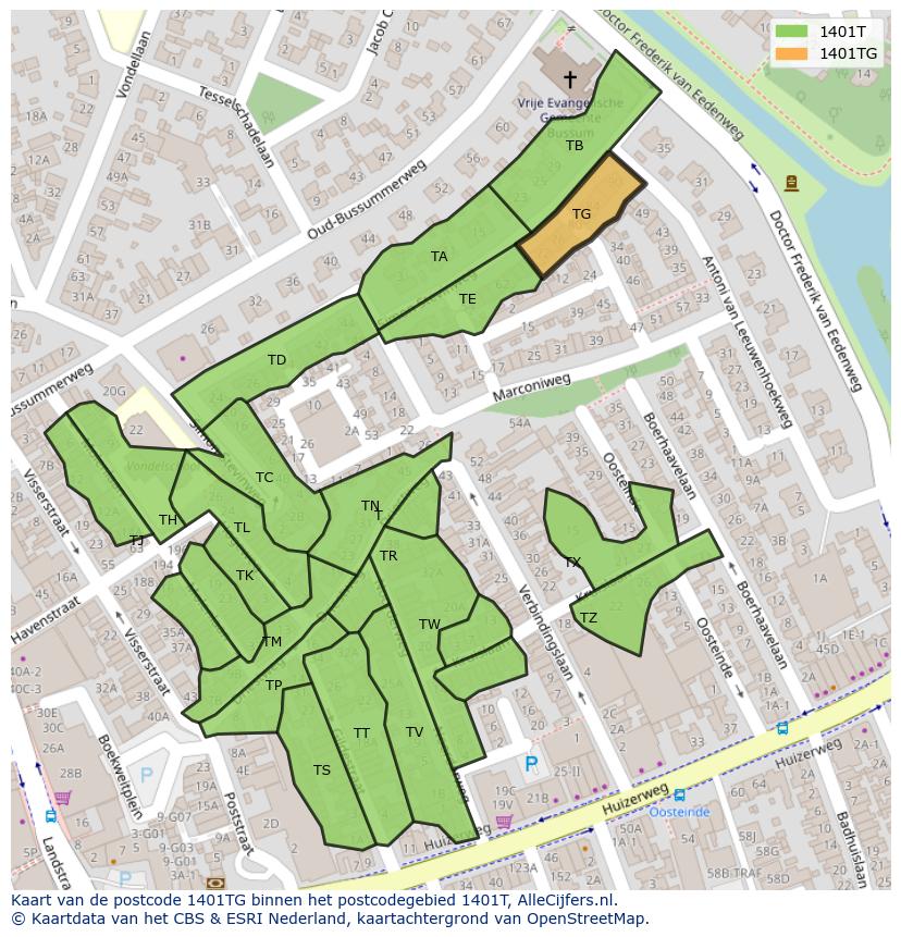 Afbeelding van het postcodegebied 1401 TG op de kaart.