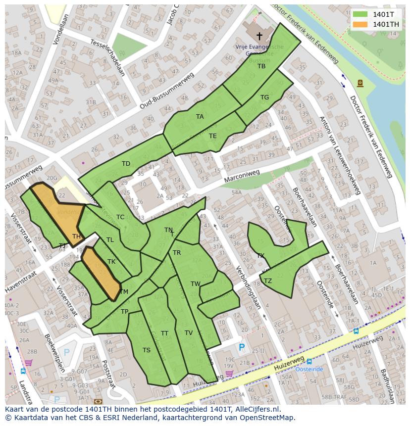 Afbeelding van het postcodegebied 1401 TH op de kaart.