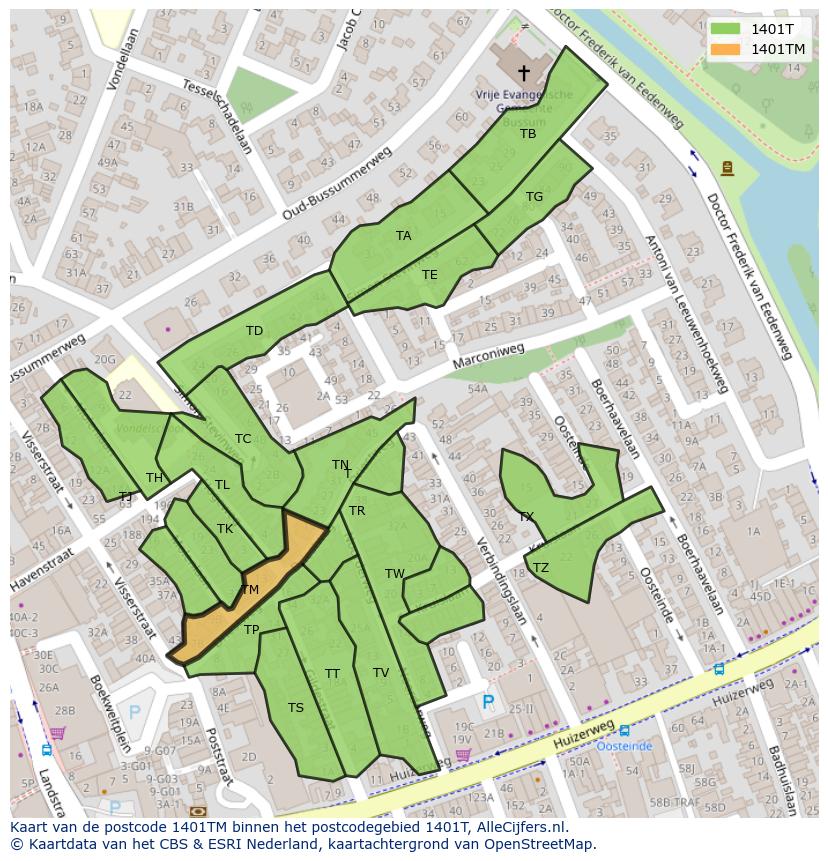 Afbeelding van het postcodegebied 1401 TM op de kaart.