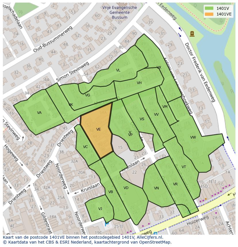 Afbeelding van het postcodegebied 1401 VE op de kaart.
