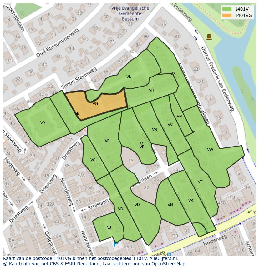 Afbeelding van het postcodegebied 1401 VG op de kaart.
