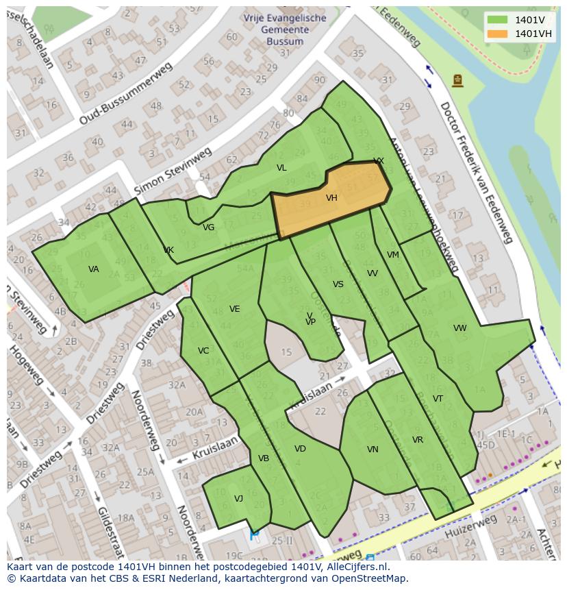 Afbeelding van het postcodegebied 1401 VH op de kaart.
