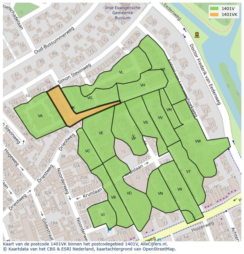 Afbeelding van het postcodegebied 1401 VK op de kaart.
