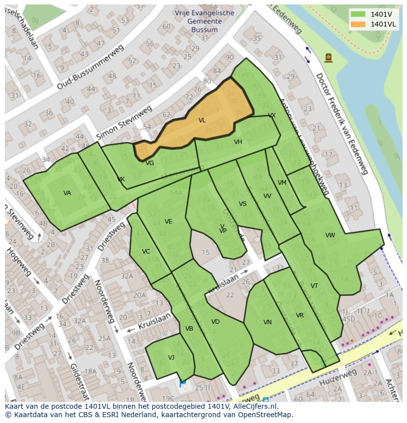 Afbeelding van het postcodegebied 1401 VL op de kaart.
