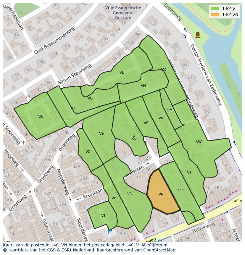 Afbeelding van het postcodegebied 1401 VN op de kaart.