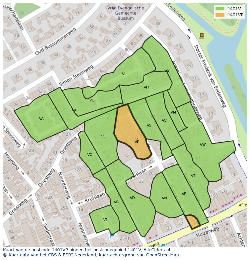 Afbeelding van het postcodegebied 1401 VP op de kaart.
