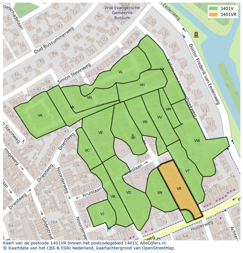 Afbeelding van het postcodegebied 1401 VR op de kaart.