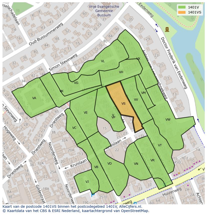 Afbeelding van het postcodegebied 1401 VS op de kaart.