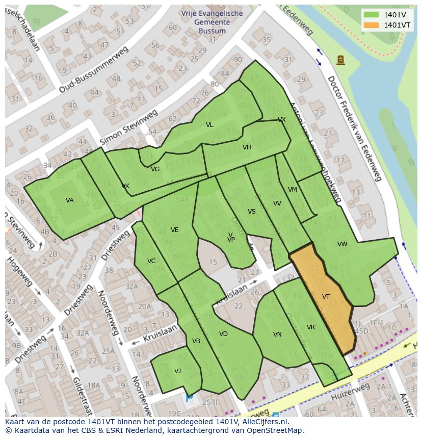 Afbeelding van het postcodegebied 1401 VT op de kaart.