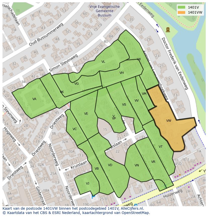 Afbeelding van het postcodegebied 1401 VW op de kaart.