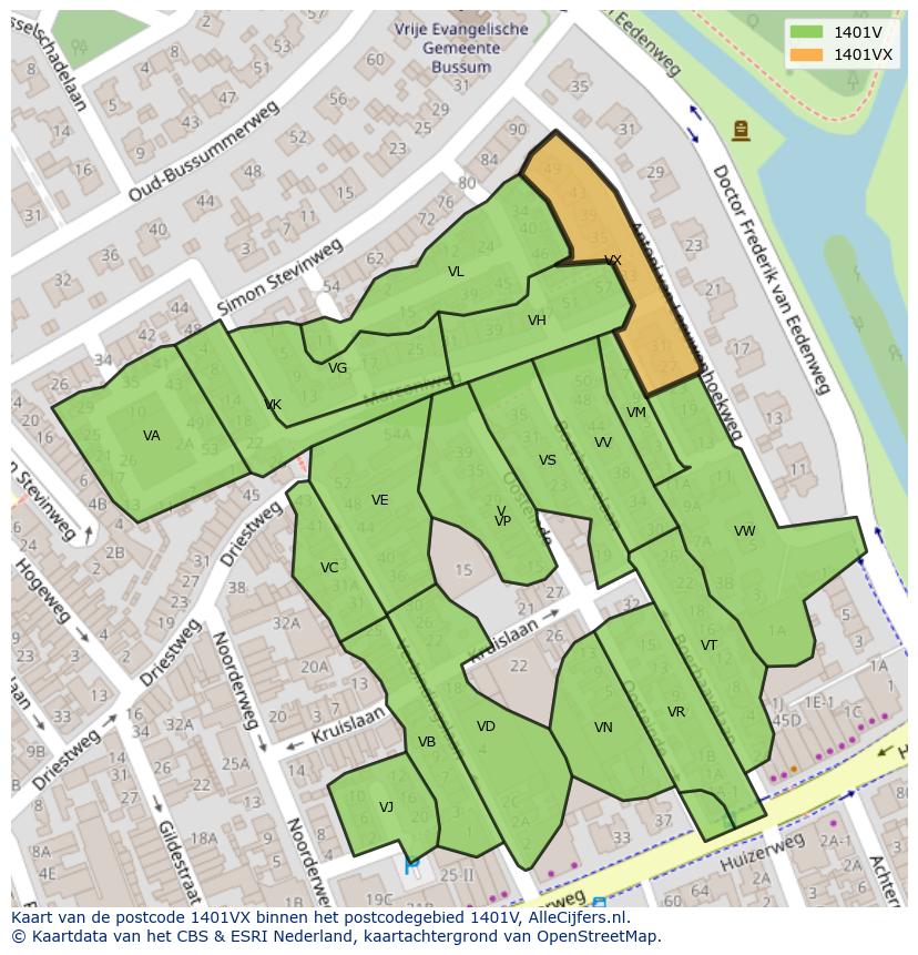 Afbeelding van het postcodegebied 1401 VX op de kaart.