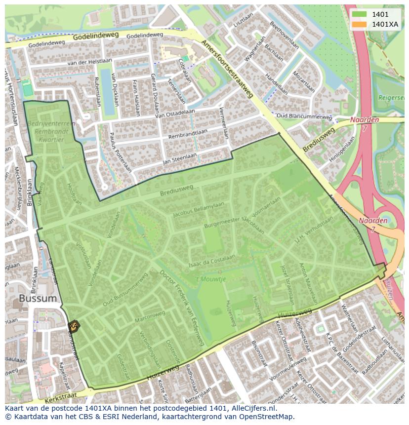 Afbeelding van het postcodegebied 1401 XA op de kaart.