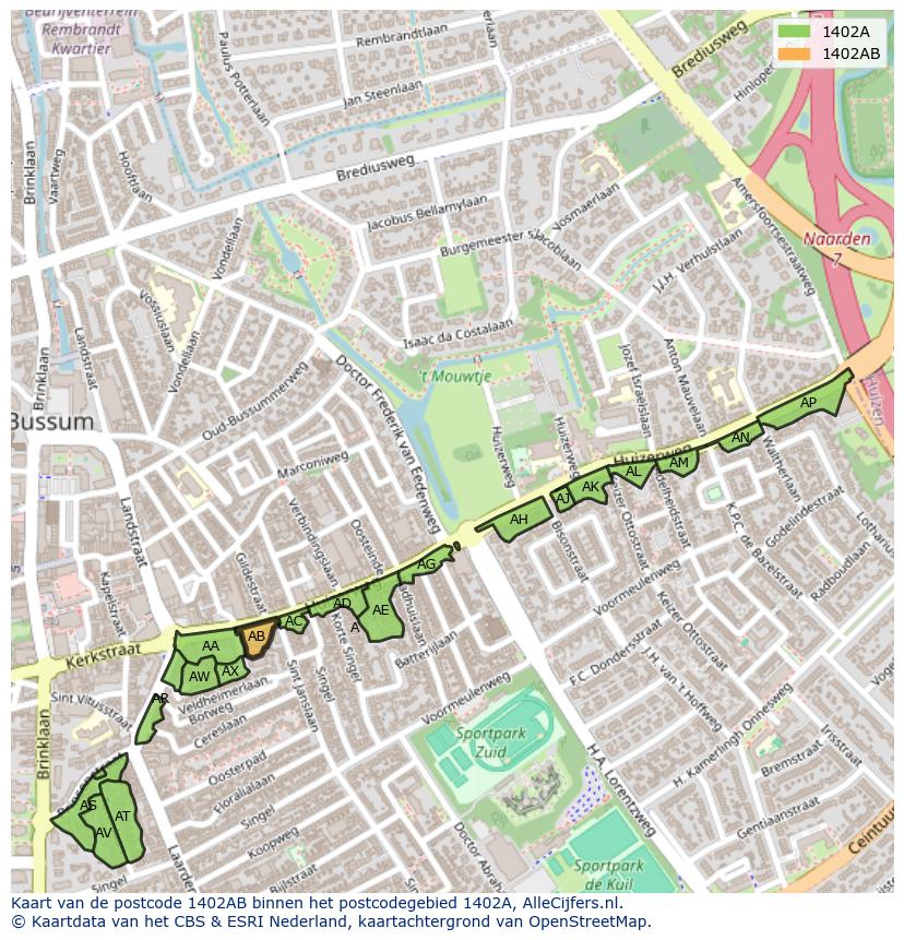 Afbeelding van het postcodegebied 1402 AB op de kaart.