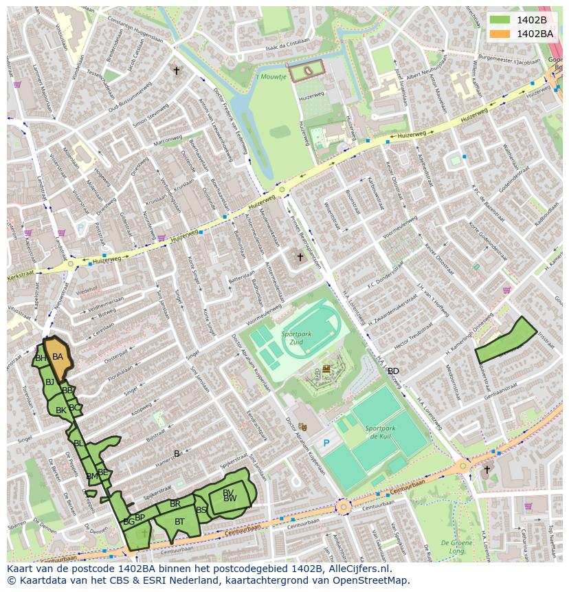 Afbeelding van het postcodegebied 1402 BA op de kaart.