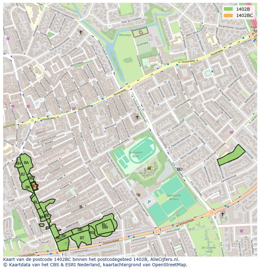 Afbeelding van het postcodegebied 1402 BC op de kaart.