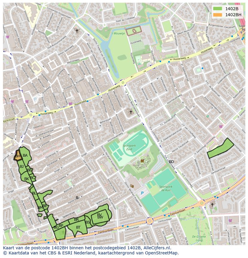 Afbeelding van het postcodegebied 1402 BH op de kaart.