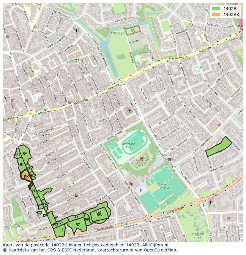Afbeelding van het postcodegebied 1402 BK op de kaart.