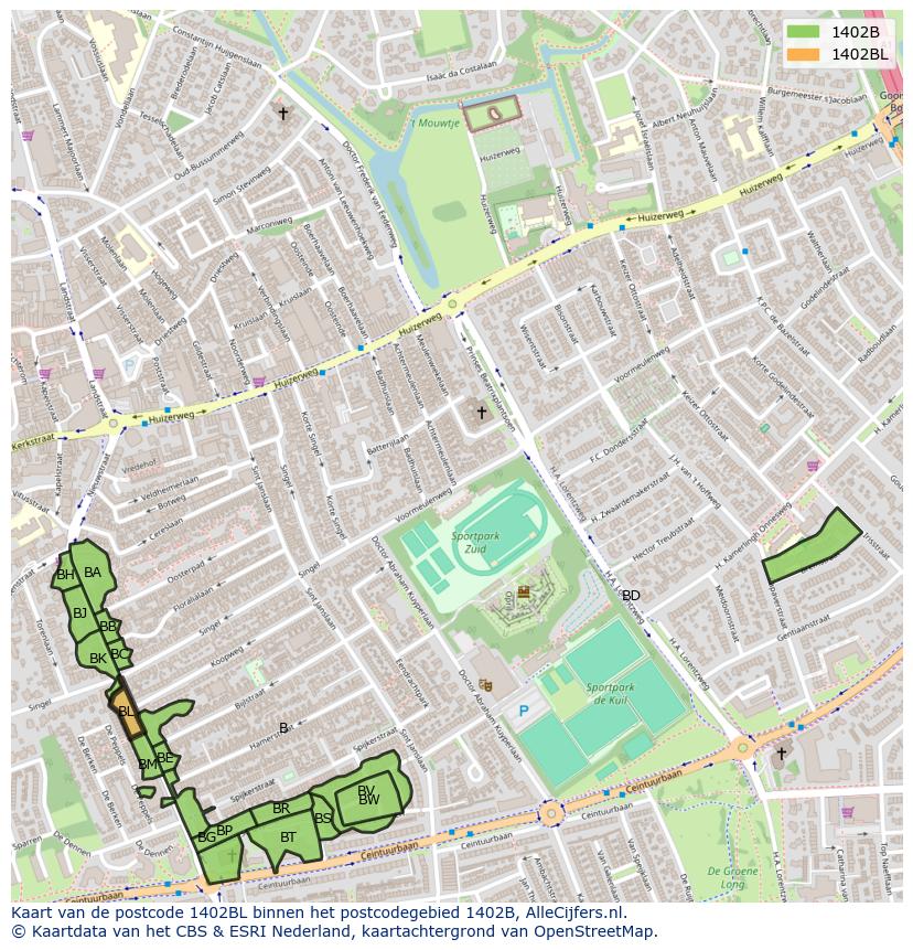 Afbeelding van het postcodegebied 1402 BL op de kaart.
