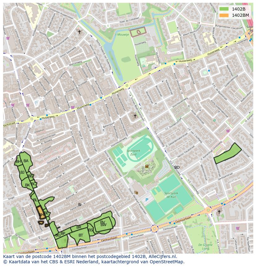 Afbeelding van het postcodegebied 1402 BM op de kaart.