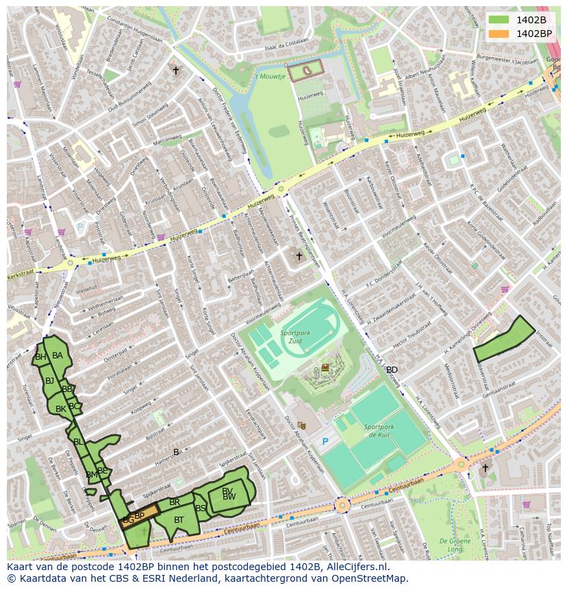 Afbeelding van het postcodegebied 1402 BP op de kaart.