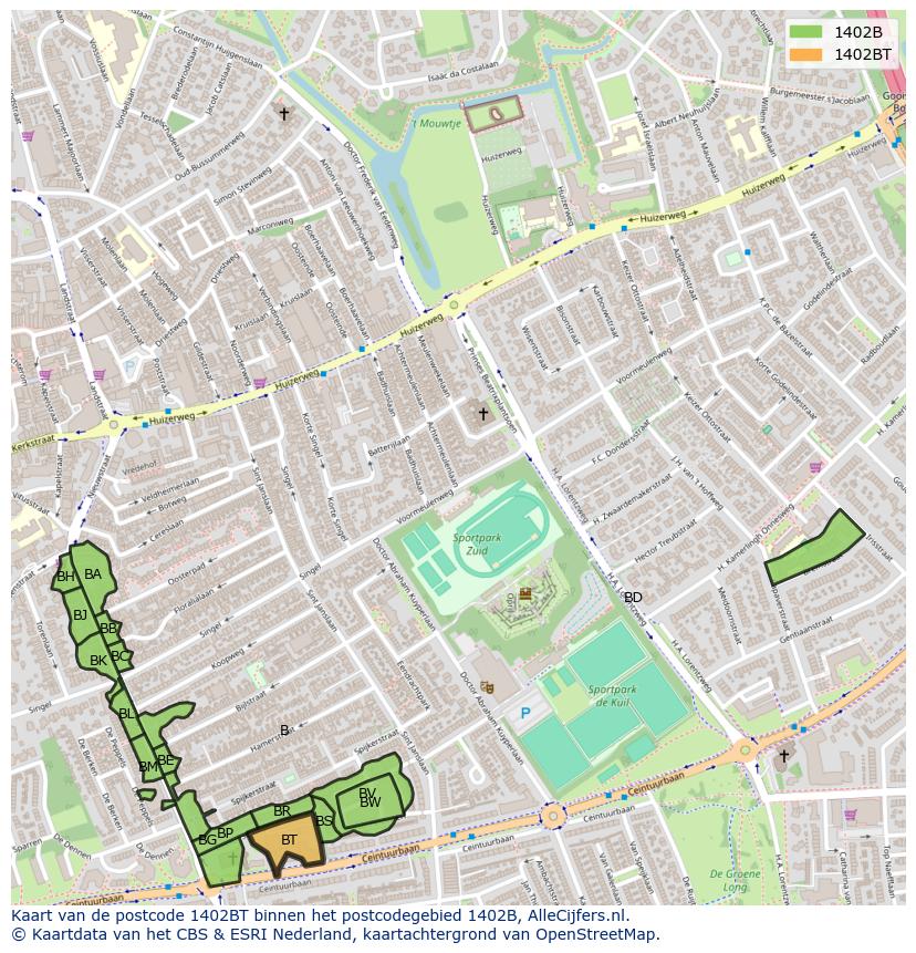 Afbeelding van het postcodegebied 1402 BT op de kaart.