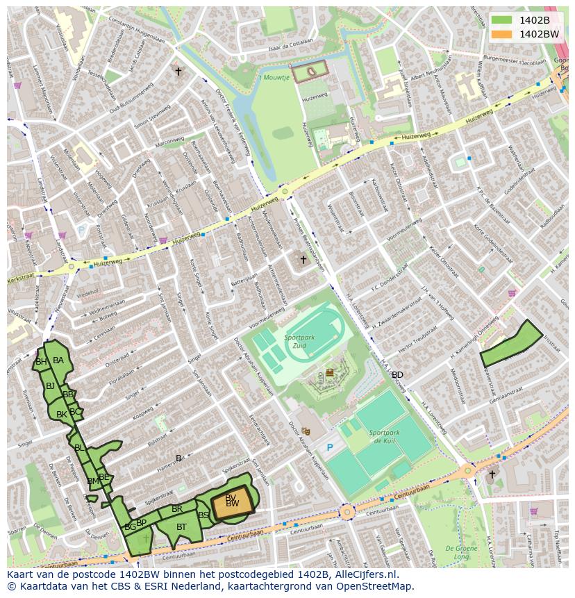 Afbeelding van het postcodegebied 1402 BW op de kaart.