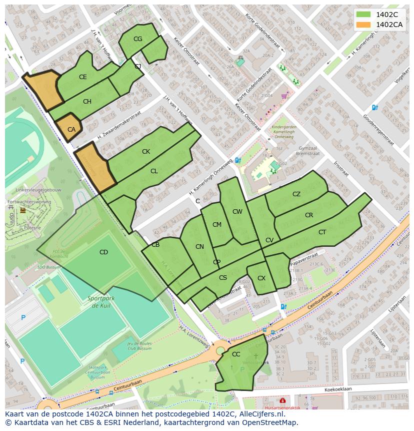 Afbeelding van het postcodegebied 1402 CA op de kaart.