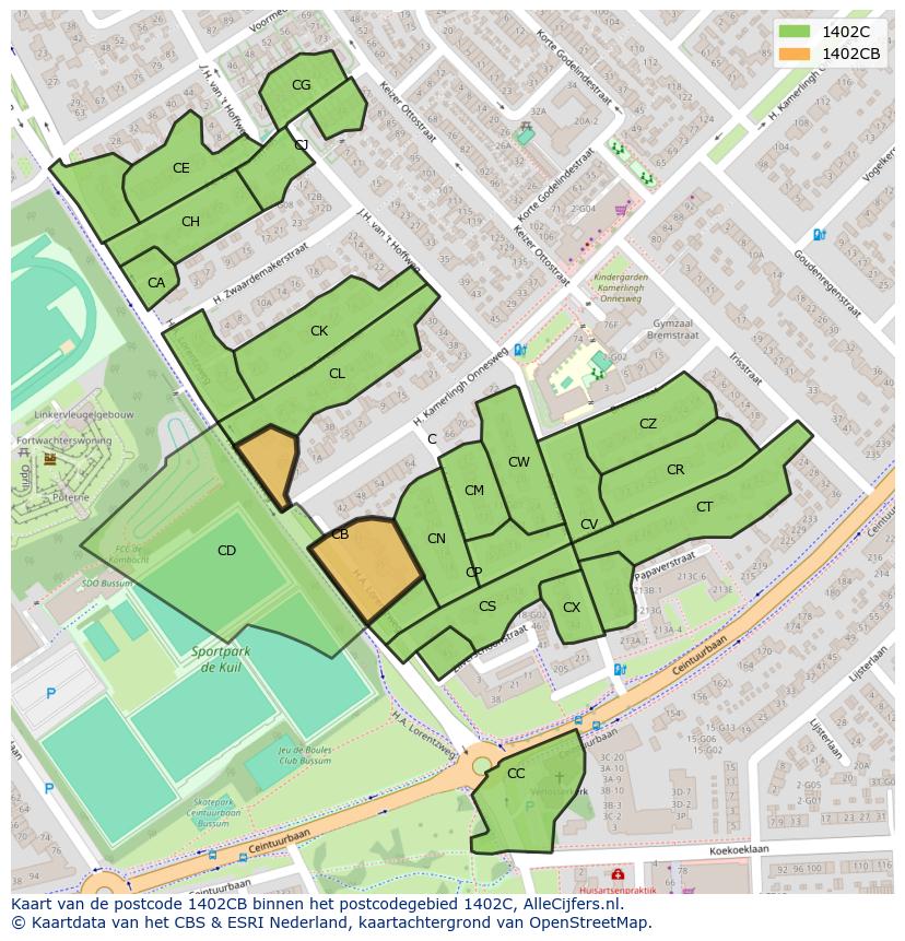 Afbeelding van het postcodegebied 1402 CB op de kaart.