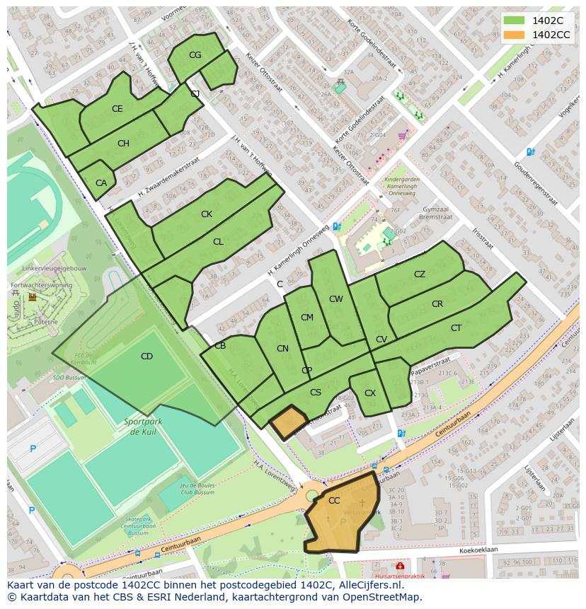Afbeelding van het postcodegebied 1402 CC op de kaart.