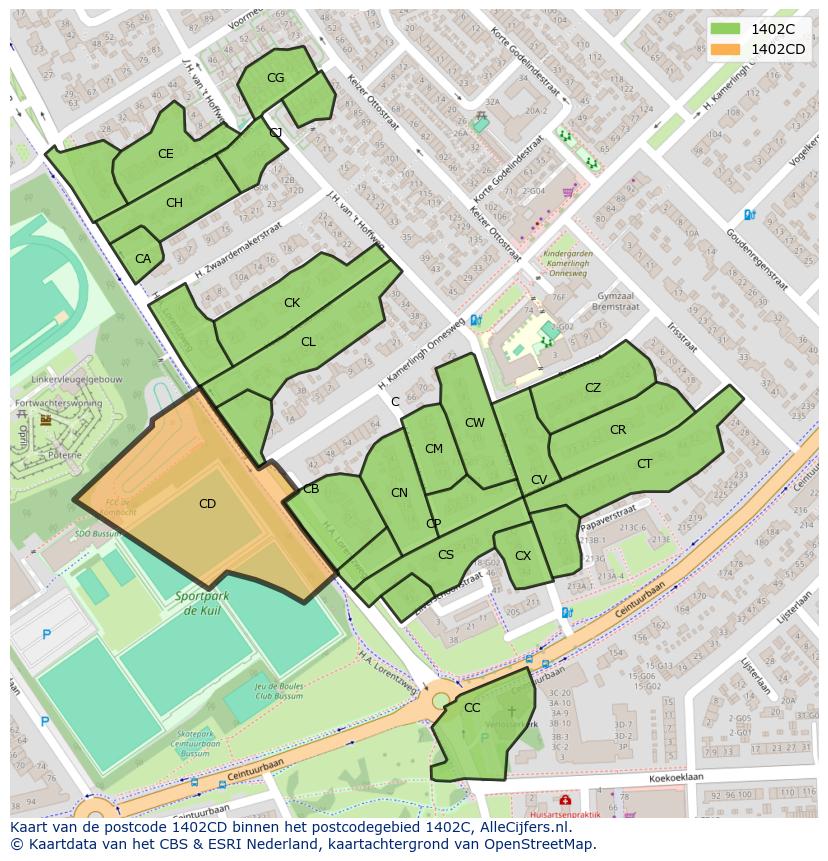 Afbeelding van het postcodegebied 1402 CD op de kaart.