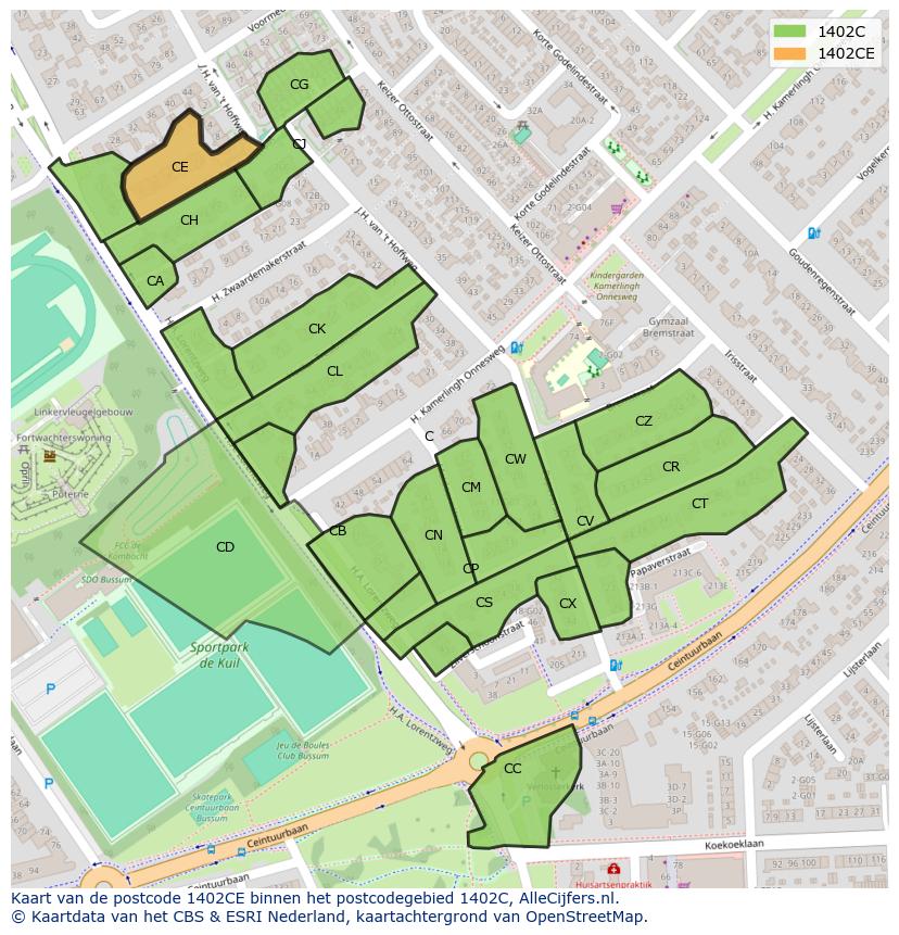 Afbeelding van het postcodegebied 1402 CE op de kaart.