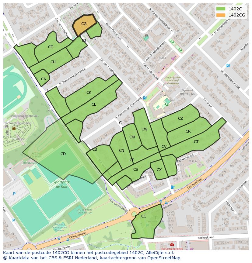 Afbeelding van het postcodegebied 1402 CG op de kaart.