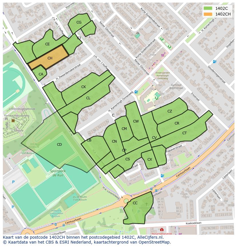 Afbeelding van het postcodegebied 1402 CH op de kaart.