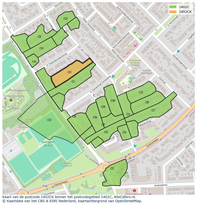 Afbeelding van het postcodegebied 1402 CK op de kaart.
