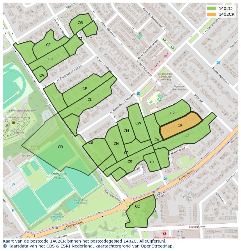 Afbeelding van het postcodegebied 1402 CR op de kaart.