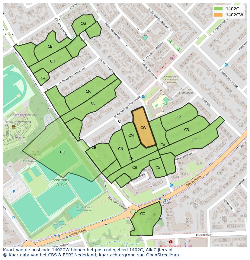 Afbeelding van het postcodegebied 1402 CW op de kaart.