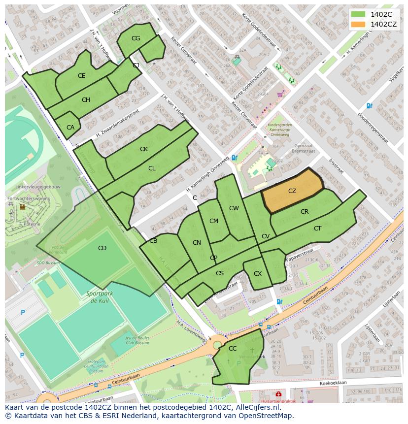 Afbeelding van het postcodegebied 1402 CZ op de kaart.