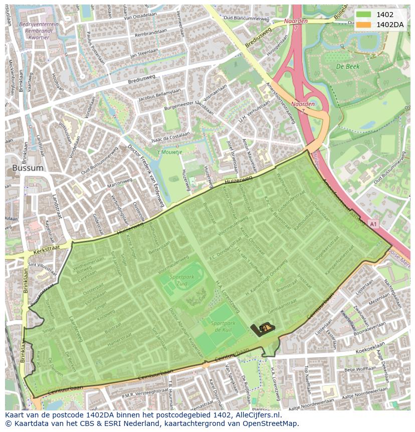 Afbeelding van het postcodegebied 1402 DA op de kaart.