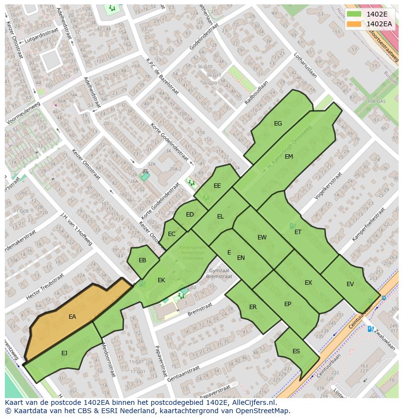 Afbeelding van het postcodegebied 1402 EA op de kaart.